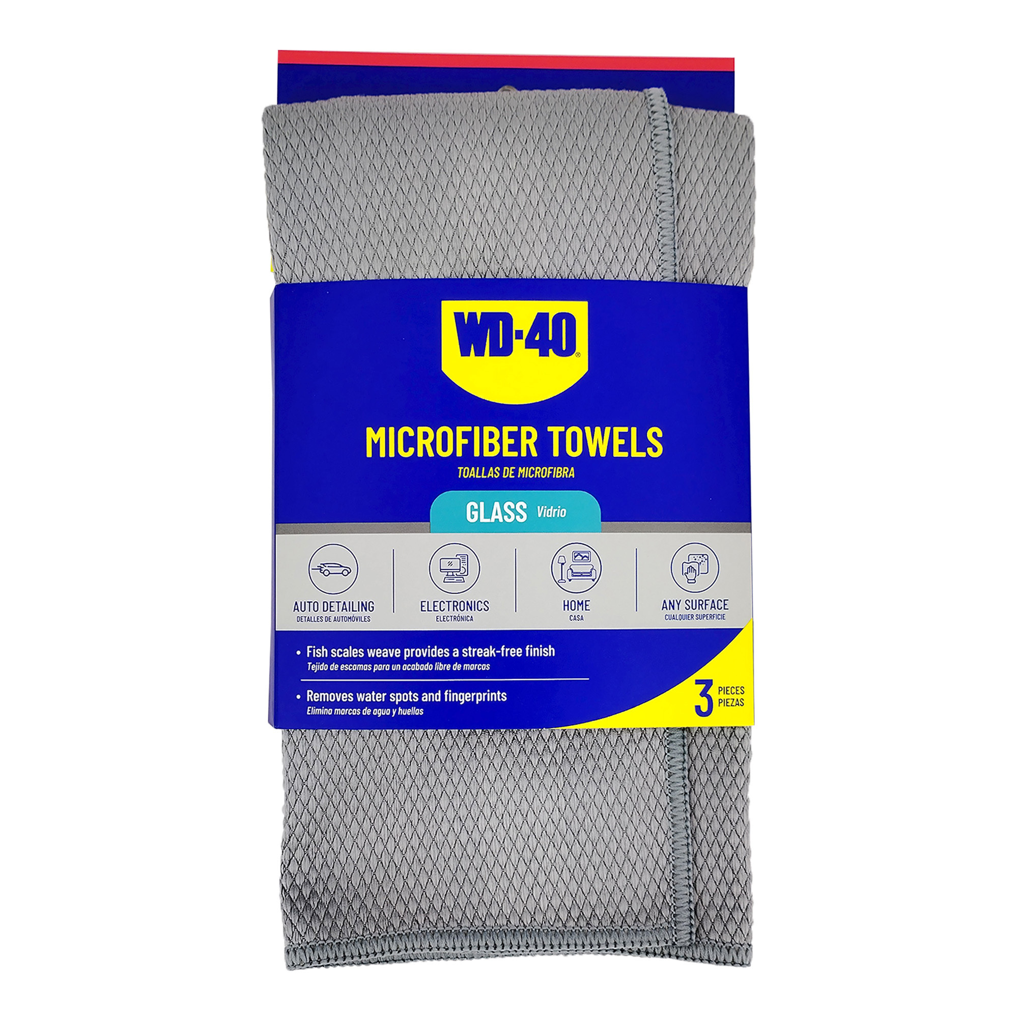WD-40 Glass Microfiber Towel — Fish Scale Weave, Lint-Free, Scratch-Free, 280 GSM, Silver, 3-Pack, Model# L40162